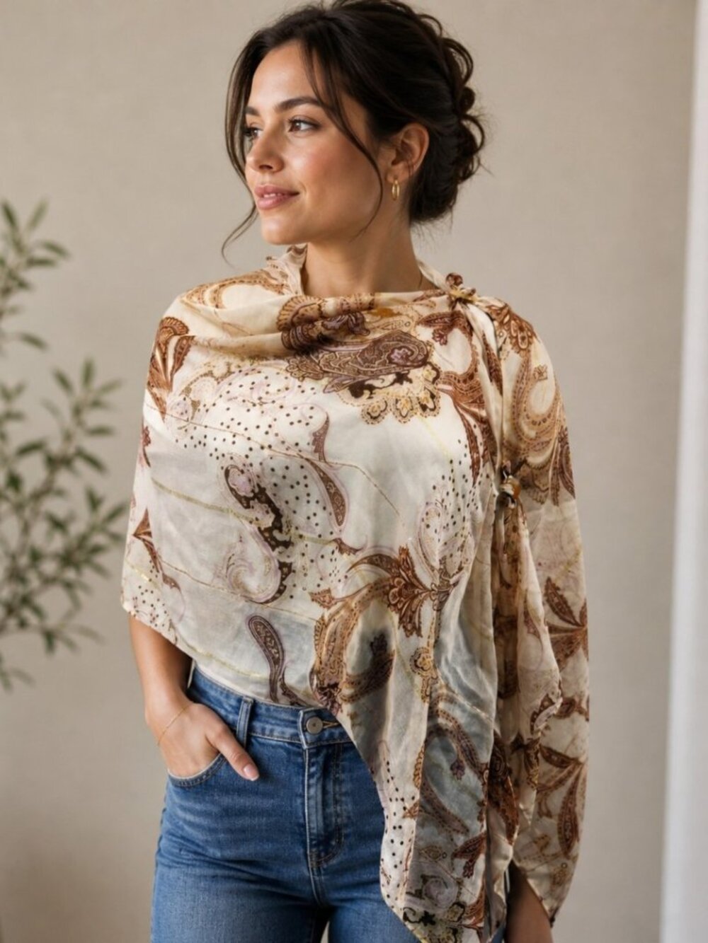 Multi Use Versatile Cream Paisley Poncho Scarf with Scarf Buckle